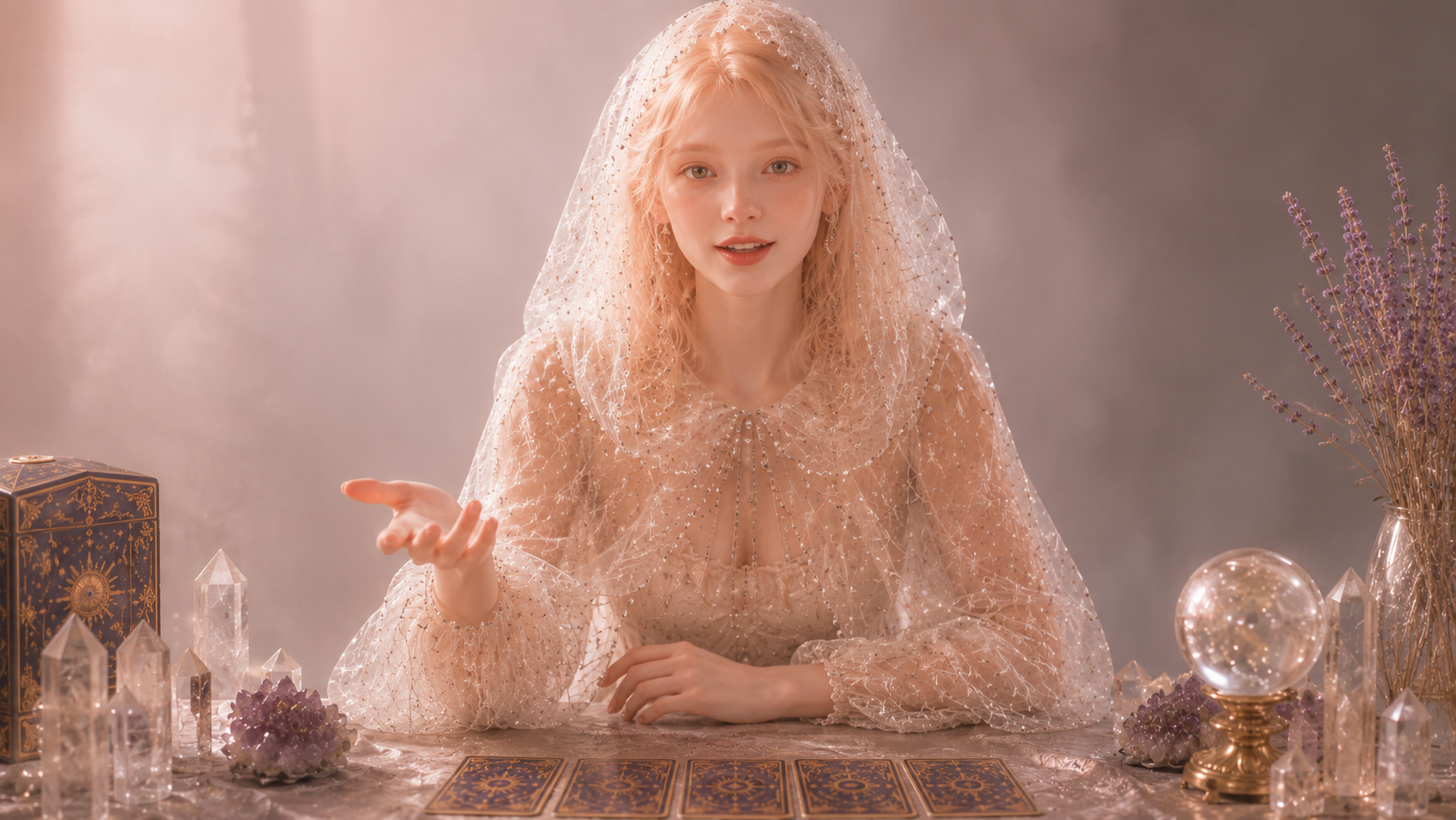 Dorothy tarot reader with cards and crystals